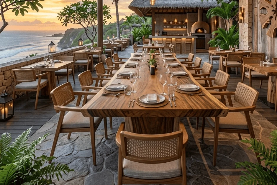 set kursi dan meja makan custom untuk restoran bali